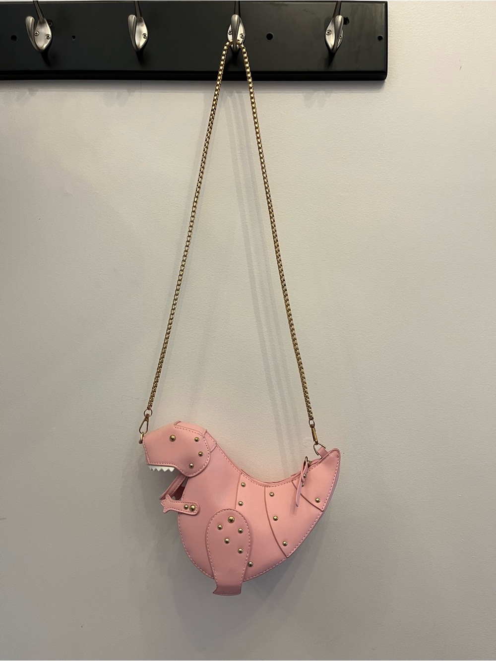 Pink T-Rex Dinosaur Crossbody Purse Gold Chain Studded Novelty Bag